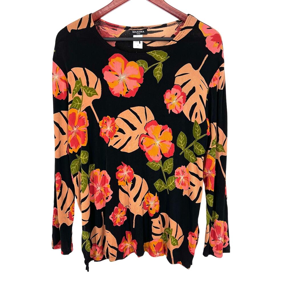 Maxima USA Womens Sz Medium Slinky Fabric Pink Tropical Blouse Shirt Top Beach